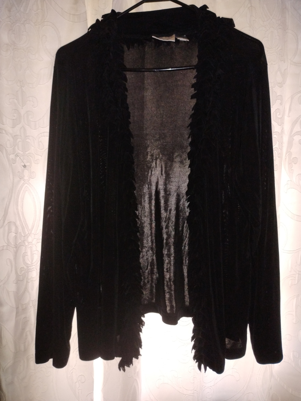 Chico's Black Velvet Open-Front Cardigan with Ruffle Trim